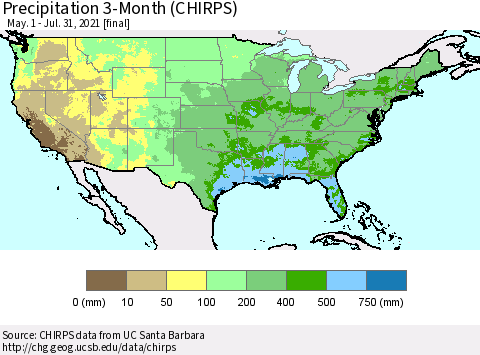 United States Precipitation 3-Month (CHIRPS) Thematic Map For 5/1/2021 - 7/31/2021