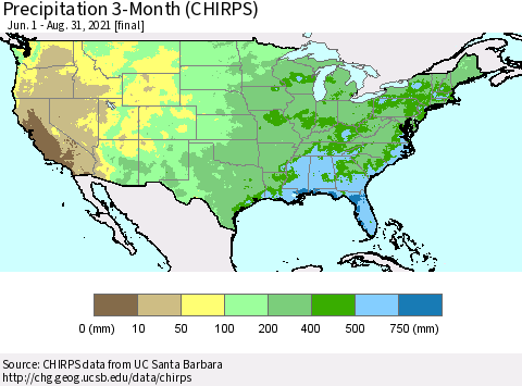 United States Precipitation 3-Month (CHIRPS) Thematic Map For 6/1/2021 - 8/31/2021