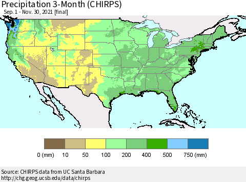 United States Precipitation 3-Month (CHIRPS) Thematic Map For 9/1/2021 - 11/30/2021