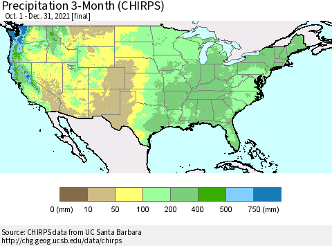 United States Precipitation 3-Month (CHIRPS) Thematic Map For 10/1/2021 - 12/31/2021