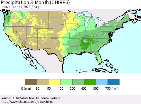 United States Precipitation 3-Month (CHIRPS) Thematic Map For 1/1/2022 - 3/31/2022