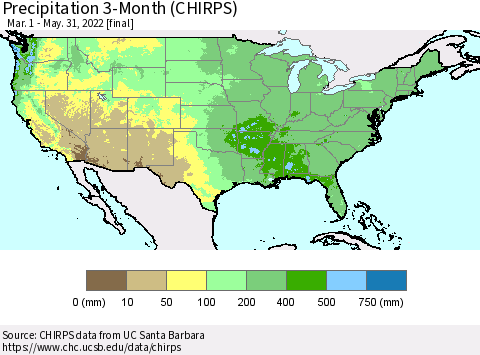 United States Precipitation 3-Month (CHIRPS) Thematic Map For 3/1/2022 - 5/31/2022