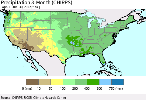 United States Precipitation 3-Month (CHIRPS) Thematic Map For 4/1/2022 - 6/30/2022