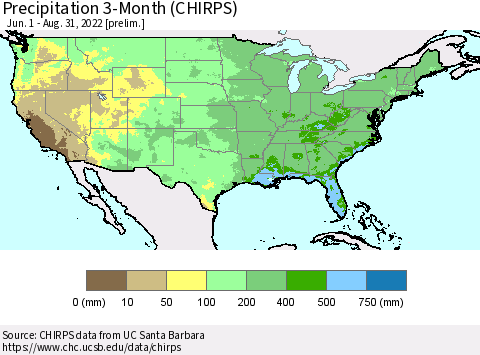 United States Precipitation 3-Month (CHIRPS) Thematic Map For 6/1/2022 - 8/31/2022