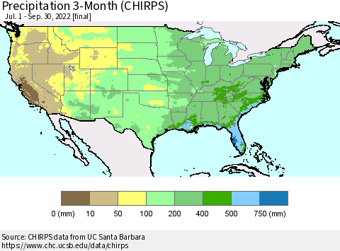 United States Precipitation 3-Month (CHIRPS) Thematic Map For 7/1/2022 - 9/30/2022