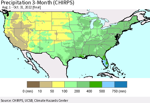 United States Precipitation 3-Month (CHIRPS) Thematic Map For 8/1/2022 - 10/31/2022
