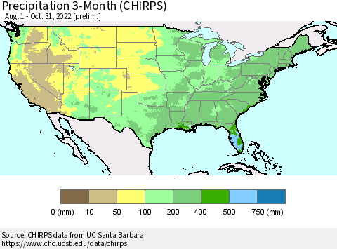 United States Precipitation 3-Month (CHIRPS) Thematic Map For 8/1/2022 - 10/31/2022