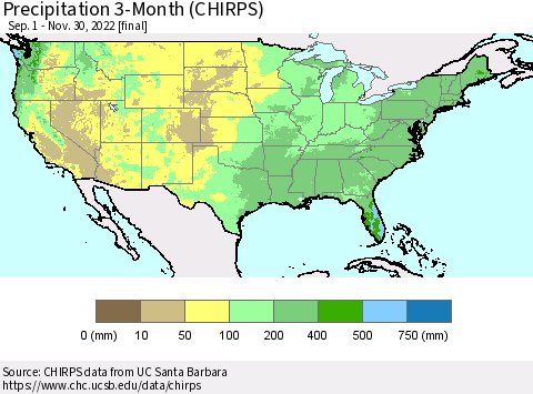 United States Precipitation 3-Month (CHIRPS) Thematic Map For 9/1/2022 - 11/30/2022