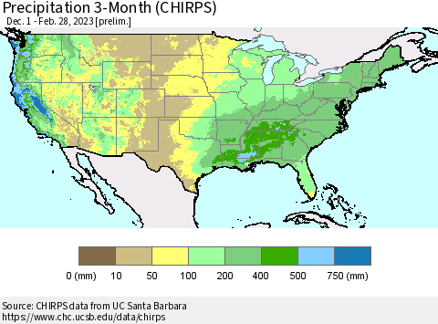 United States Precipitation 3-Month (CHIRPS) Thematic Map For 12/1/2022 - 2/28/2023