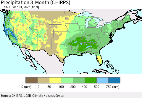 United States Precipitation 3-Month (CHIRPS) Thematic Map For 1/1/2023 - 3/31/2023