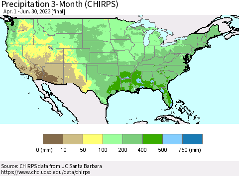 United States Precipitation 3-Month (CHIRPS) Thematic Map For 4/1/2023 - 6/30/2023