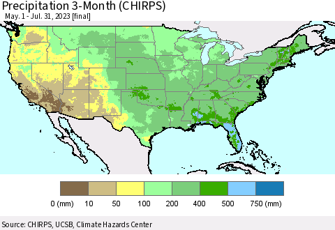 United States Precipitation 3-Month (CHIRPS) Thematic Map For 5/1/2023 - 7/31/2023
