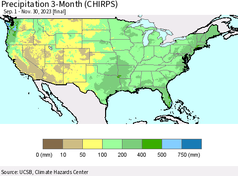 United States Precipitation 3-Month (CHIRPS) Thematic Map For 9/1/2023 - 11/30/2023