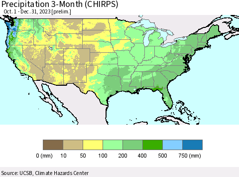 United States Precipitation 3-Month (CHIRPS) Thematic Map For 10/1/2023 - 12/31/2023