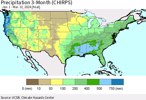 United States Precipitation 3-Month (CHIRPS) Thematic Map For 1/1/2024 - 3/31/2024