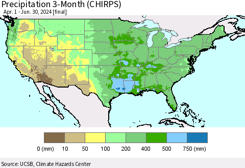 United States Precipitation 3-Month (CHIRPS) Thematic Map For 4/1/2024 - 6/30/2024