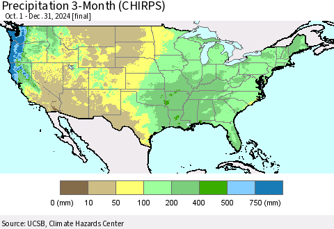 United States Precipitation 3-Month (CHIRPS) Thematic Map For 10/1/2024 - 12/31/2024