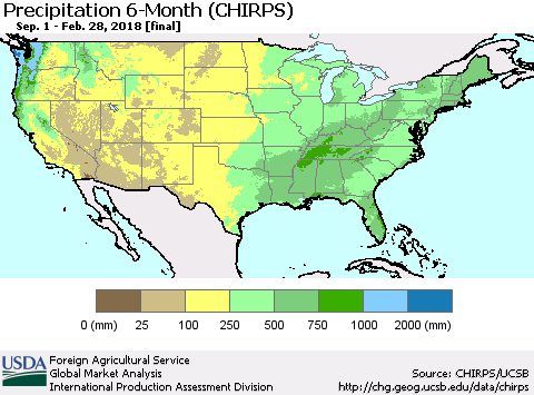 United States Precipitation 6-Month (CHIRPS) Thematic Map For 9/1/2017 - 2/28/2018