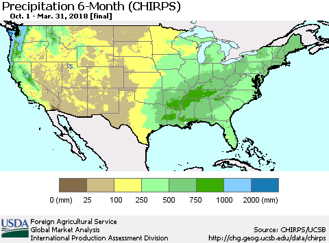 United States Precipitation 6-Month (CHIRPS) Thematic Map For 10/1/2017 - 3/31/2018