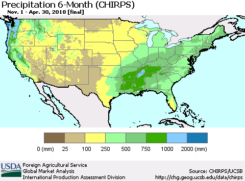 United States Precipitation 6-Month (CHIRPS) Thematic Map For 11/1/2017 - 4/30/2018