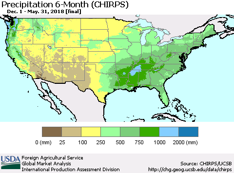 United States Precipitation 6-Month (CHIRPS) Thematic Map For 12/1/2017 - 5/31/2018