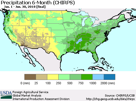 United States Precipitation 6-Month (CHIRPS) Thematic Map For 1/1/2018 - 6/30/2018