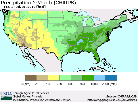 United States Precipitation 6-Month (CHIRPS) Thematic Map For 2/1/2018 - 7/31/2018