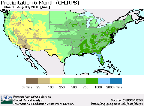 United States Precipitation 6-Month (CHIRPS) Thematic Map For 3/1/2018 - 8/31/2018