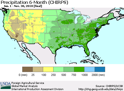 United States Precipitation 6-Month (CHIRPS) Thematic Map For 6/1/2018 - 11/30/2018