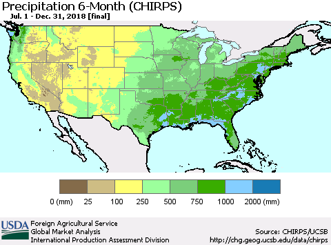 United States Precipitation 6-Month (CHIRPS) Thematic Map For 7/1/2018 - 12/31/2018