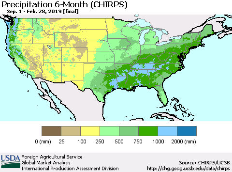 United States Precipitation 6-Month (CHIRPS) Thematic Map For 9/1/2018 - 2/28/2019
