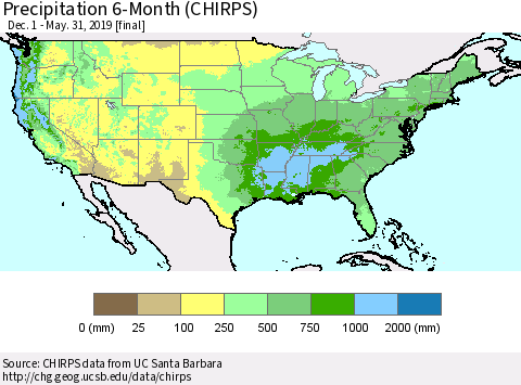 United States Precipitation 6-Month (CHIRPS) Thematic Map For 12/1/2018 - 5/31/2019