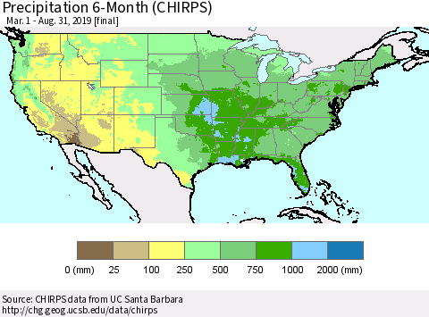 United States Precipitation 6-Month (CHIRPS) Thematic Map For 3/1/2019 - 8/31/2019