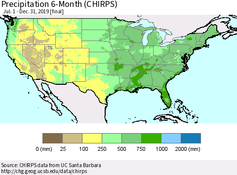 United States Precipitation 6-Month (CHIRPS) Thematic Map For 7/1/2019 - 12/31/2019