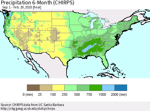 United States Precipitation 6-Month (CHIRPS) Thematic Map For 9/1/2019 - 2/29/2020