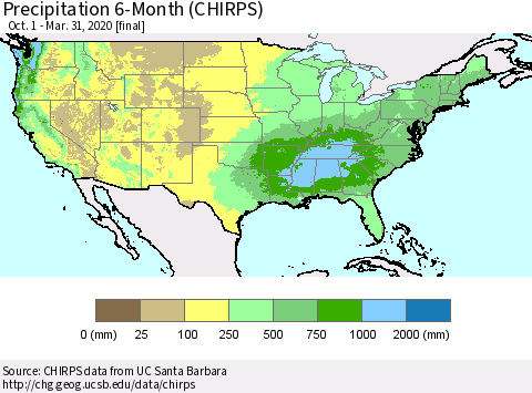 United States Precipitation 6-Month (CHIRPS) Thematic Map For 10/1/2019 - 3/31/2020