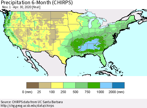 United States Precipitation 6-Month (CHIRPS) Thematic Map For 11/1/2019 - 4/30/2020