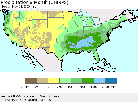 United States Precipitation 6-Month (CHIRPS) Thematic Map For 12/1/2019 - 5/31/2020