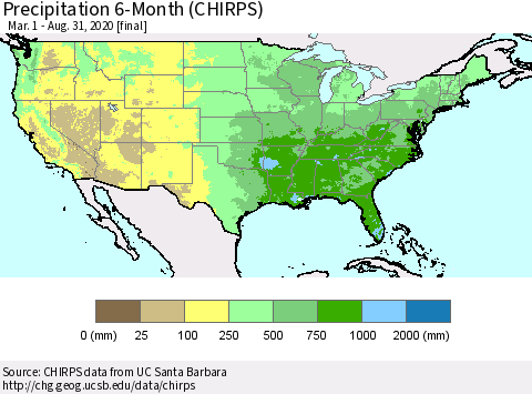 United States Precipitation 6-Month (CHIRPS) Thematic Map For 3/1/2020 - 8/31/2020