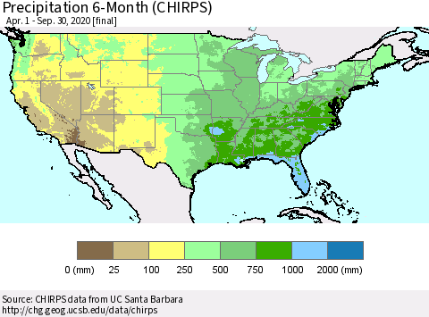 United States Precipitation 6-Month (CHIRPS) Thematic Map For 4/1/2020 - 9/30/2020