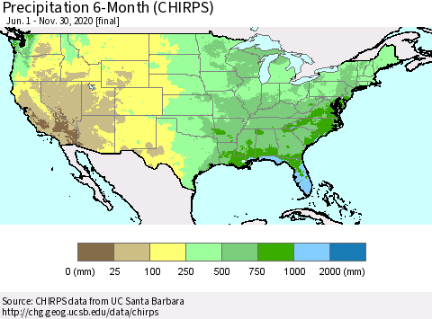 United States Precipitation 6-Month (CHIRPS) Thematic Map For 6/1/2020 - 11/30/2020