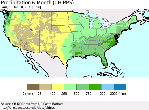 United States Precipitation 6-Month (CHIRPS) Thematic Map For 8/1/2020 - 1/31/2021