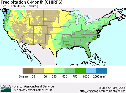 United States Precipitation 6-Month (CHIRPS) Thematic Map For 9/1/2020 - 2/28/2021