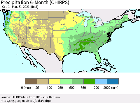 United States Precipitation 6-Month (CHIRPS) Thematic Map For 10/1/2020 - 3/31/2021
