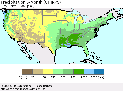United States Precipitation 6-Month (CHIRPS) Thematic Map For 12/1/2020 - 5/31/2021