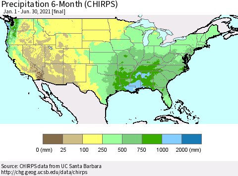 United States Precipitation 6-Month (CHIRPS) Thematic Map For 1/1/2021 - 6/30/2021