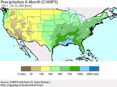 United States Precipitation 6-Month (CHIRPS) Thematic Map For 2/1/2021 - 7/31/2021
