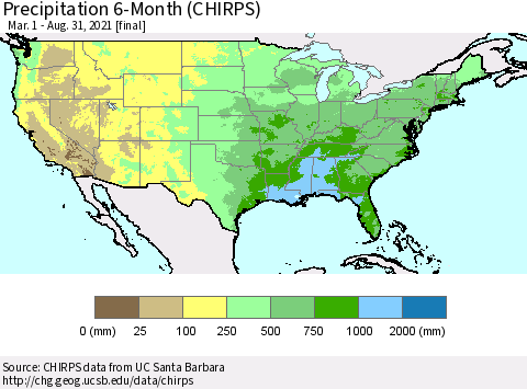United States Precipitation 6-Month (CHIRPS) Thematic Map For 3/1/2021 - 8/31/2021
