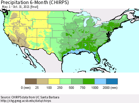 United States Precipitation 6-Month (CHIRPS) Thematic Map For 5/1/2021 - 10/31/2021