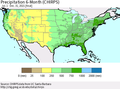 United States Precipitation 6-Month (CHIRPS) Thematic Map For 7/1/2021 - 12/31/2021